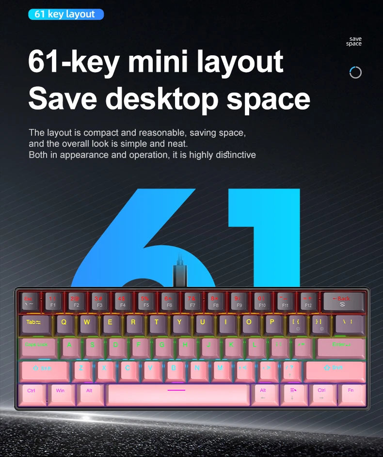 APAYADO K61 Mini Mechanische Tastatur, kabelgebunden, 61 Tasten, Phantom RGB, mechanischer Schalter in Schwarz/Weiß/Rot/Blau für Gaming, 60 % tragbar