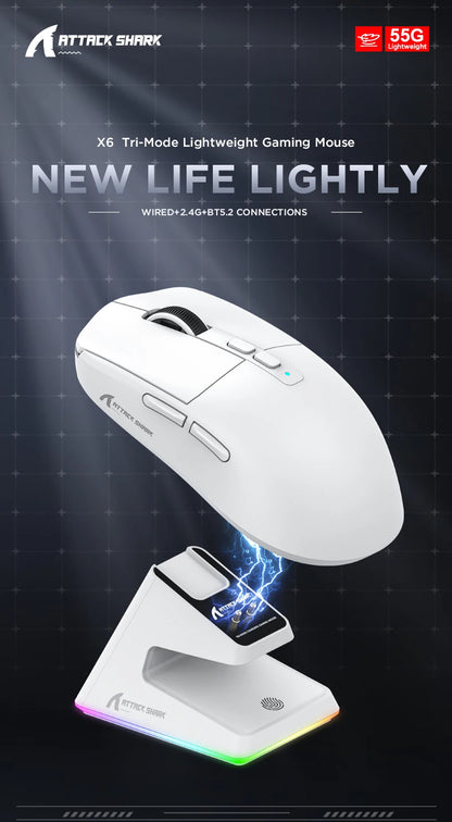 Attack Shark X6 Lightweight Wireless Gaming Mouse with 3 Mode Up to 26K DPI RGB Backlight Charging Base for Laptop Deskbtop