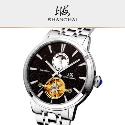 Ceasuri pentru bărbați Shanghai Watch Flywheel cu calendar, cadran Starlight, ceas de mână mecanic automat, oțel inoxidabil 316L, model S8609