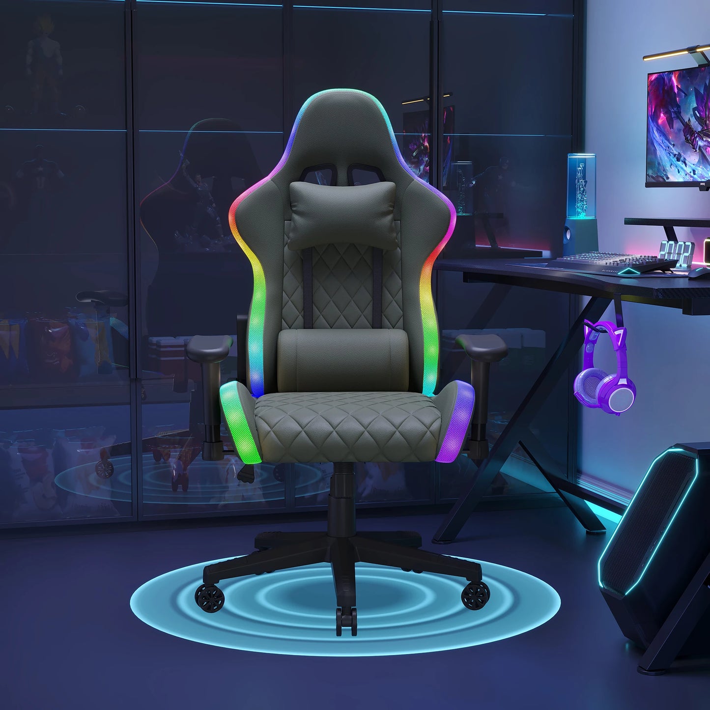 Ergonomic Office Chair with Lumbar Massage, RGB LED Lighting, Reclining Backrest, Adjustable Armrests, Gaming Desk Chair for Home Office