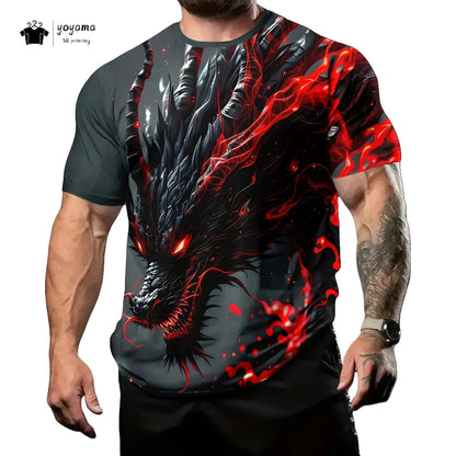 T-shirts de homem com padrão de dragão, manga curta, gola redonda, estilo streetwear, estampado animal 3D, corte largo e versátil, roupa de homem