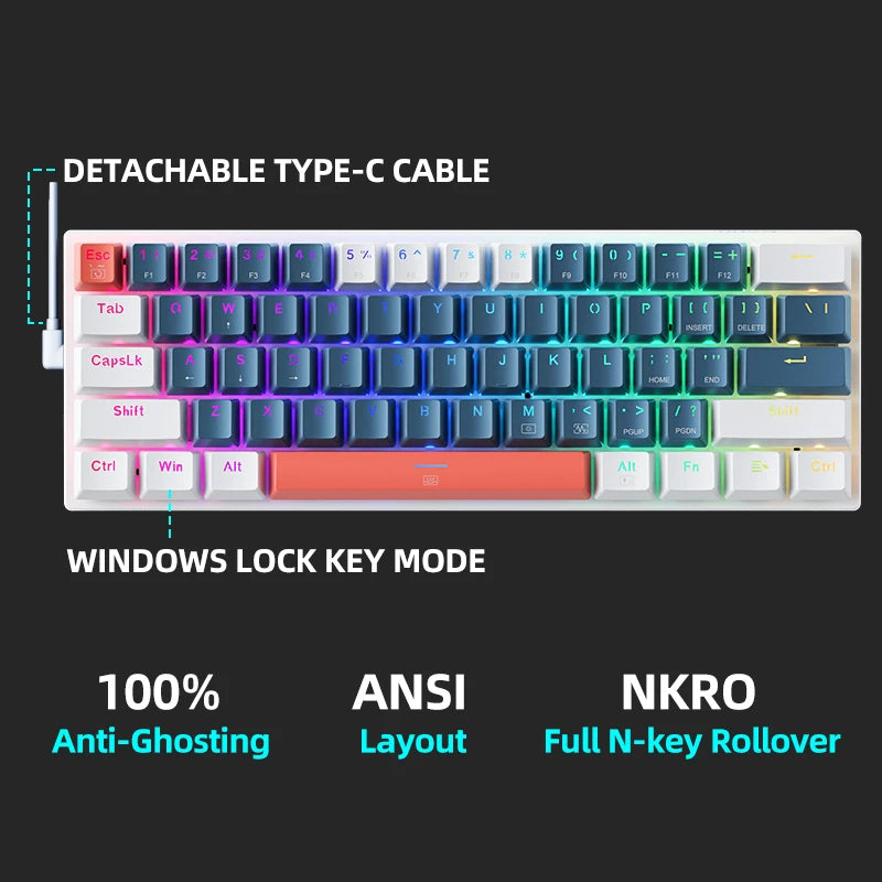 K500-B61 Machenike Mini teclado mecánico, formato 60%, 61 teclas, teclado gaming con cable, teclas totalmente hot-swappable y retroiluminación RGB