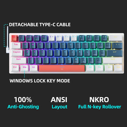 K500-B61 Machenike Mini teclado mecánico, formato 60%, 61 teclas, teclado gaming con cable, teclas totalmente hot-swappable y retroiluminación RGB