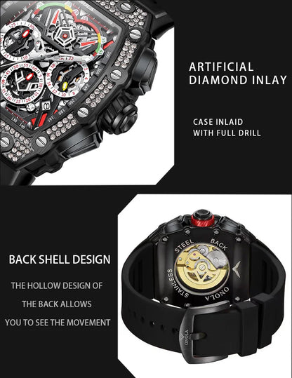 ONOLA Luxury Diamond Mechanical Wristwatches Fashion Sports Square Date Waterproof Automatic Man Watch Men Military Watch Clock