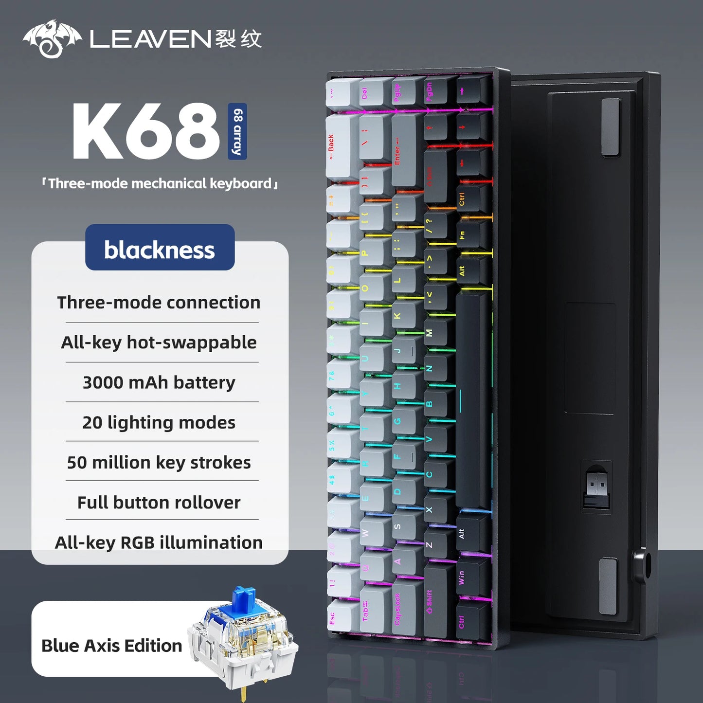 K68 68Key Wireless Mechanical Keyboard Tri-mode Connection, Full Key Hot Swap, RGB lighting Effects, L