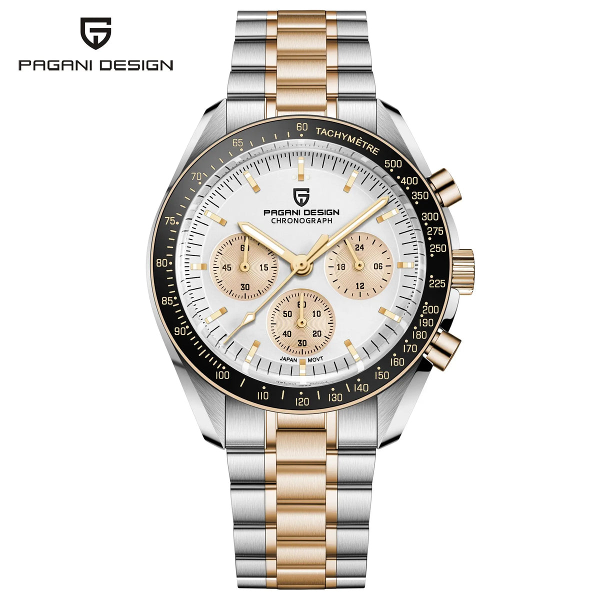 Zegarek męski PAGANI DESIGN „New Moon” – luksusowy zegarek kwarcowy, chronograf, szkło szafirowe z powłoką antyrefleksyjną, ceramiczna ramka, świecące wskazówki