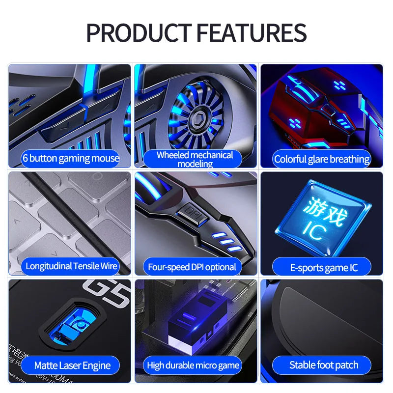 YINDIAO Ergonomic Wired Gaming Mouse RGB Mute Mause LED Backlit 3200dpi 6Button G5 USB Mechanical Mouse For PC Laptop Computer