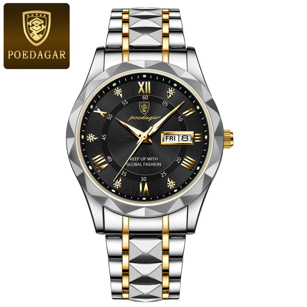 Montre homme POEDAGAR Business Luxury, étanche, en acier inoxydable, lumineuse, avec date et jour de la semaine, style sport, à quartz.