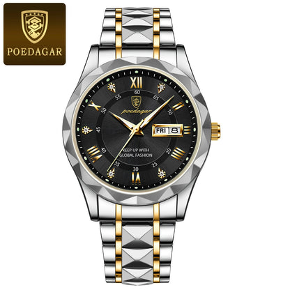 Montre homme POEDAGAR Business Luxury, étanche, en acier inoxydable, lumineuse, avec date et jour de la semaine, style sport, à quartz.