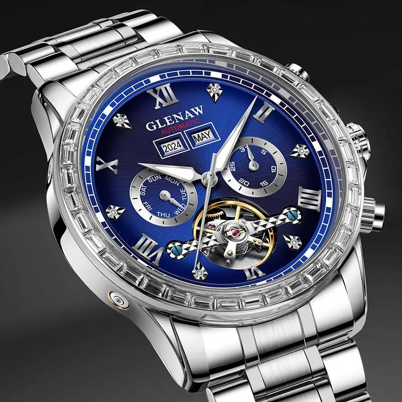 GLENAW multifunction mechanical watch – Men’s model, business and casual style, stainless steel bracelet, water-resistant, with date display – Luxury watch