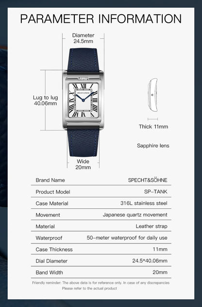 2025 New Specht & Söhne Double Face Square Watch For Men Sports Watches Overturn Stainless Steel Sapphire Crystal 50M Waterproof