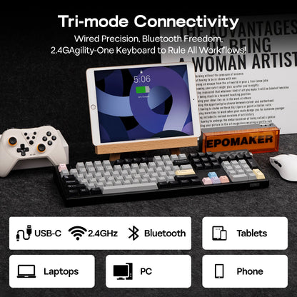 EPOMAKER TH108 PRO 100% Full-Sized Hot-Swap kabelgebundene/BT/2.4Ghz kabellose mechanische Tastatur mit Display & Drehknopf, 10000mAh Akku
