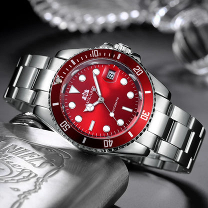 High Quality Automatic Mechanical Watch for Men Stainless Steel Red Dial Date Strong Luminous Luxury Men Watch Reloj Hombre