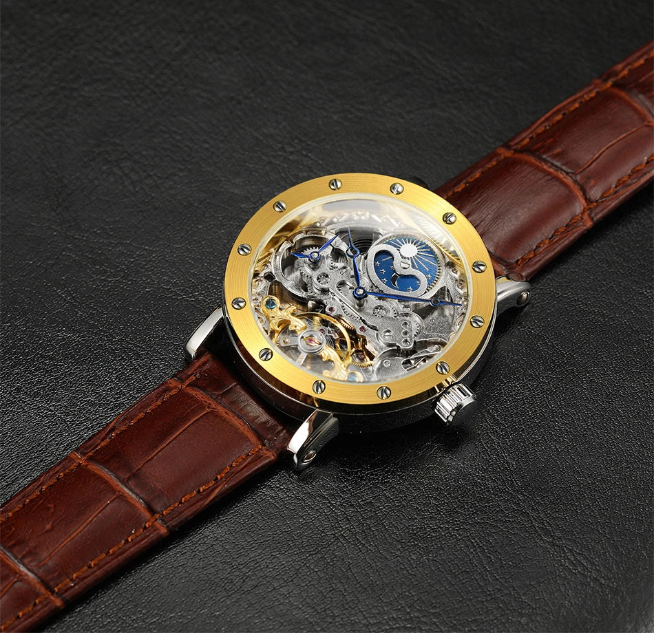 SKROX mekanisk automatisk armbåndsur til mænd, skeletmodel med GMT-funktion, månefase og tourbillon – Elegant og originalt luksusur i topklasse.