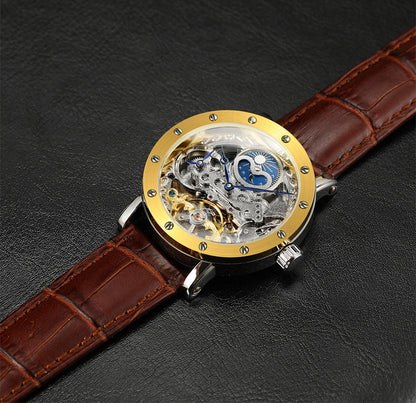 SKROX mekanisk automatisk armbåndsur til mænd, skeletmodel med GMT-funktion, månefase og tourbillon – Elegant og originalt luksusur i topklasse.