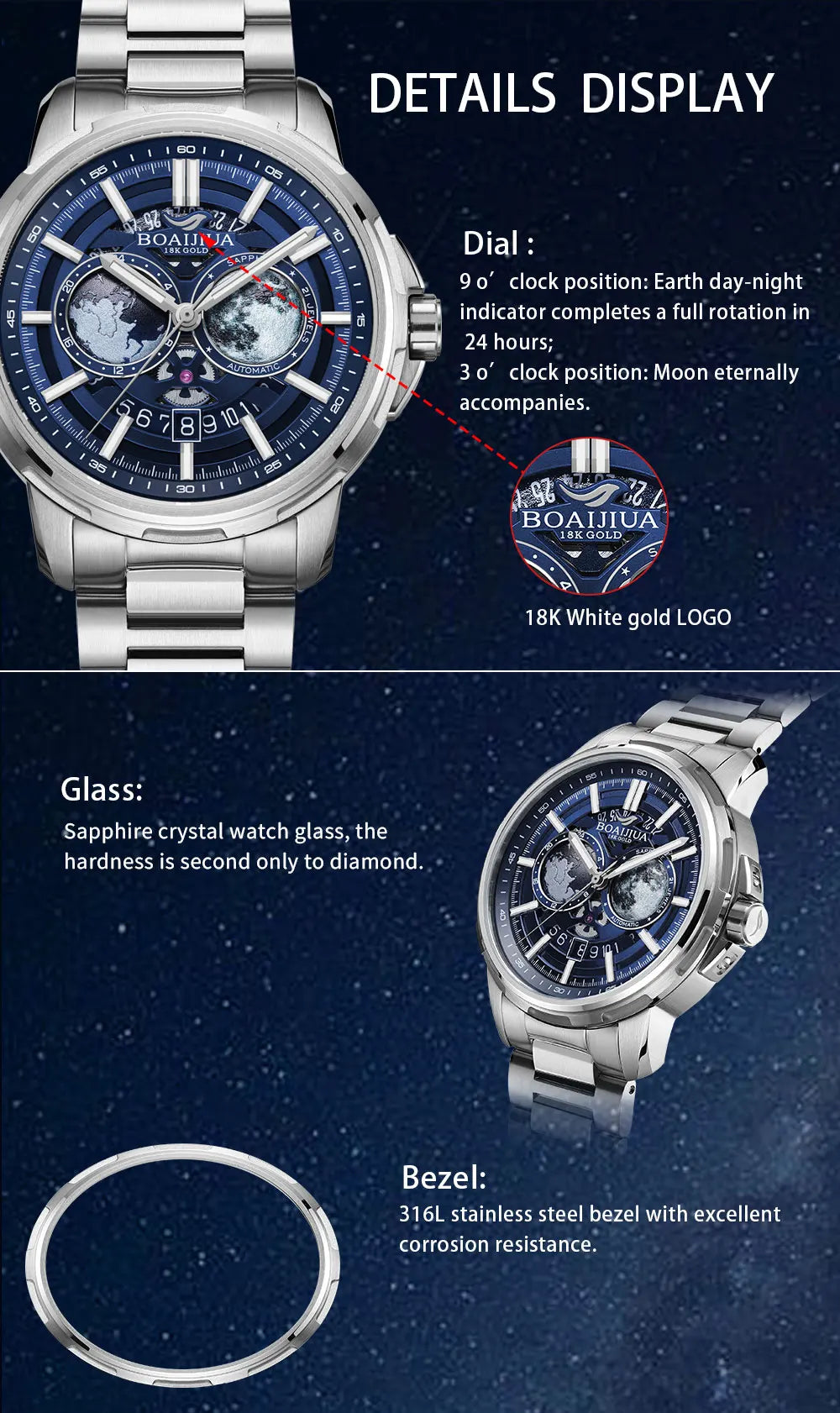 BORIAGE (BOAIJIUA) Automatic Mechanical Watch Creative Starry Sky Watch Water Resistant Mechanical Watches Birthday Gift for Men