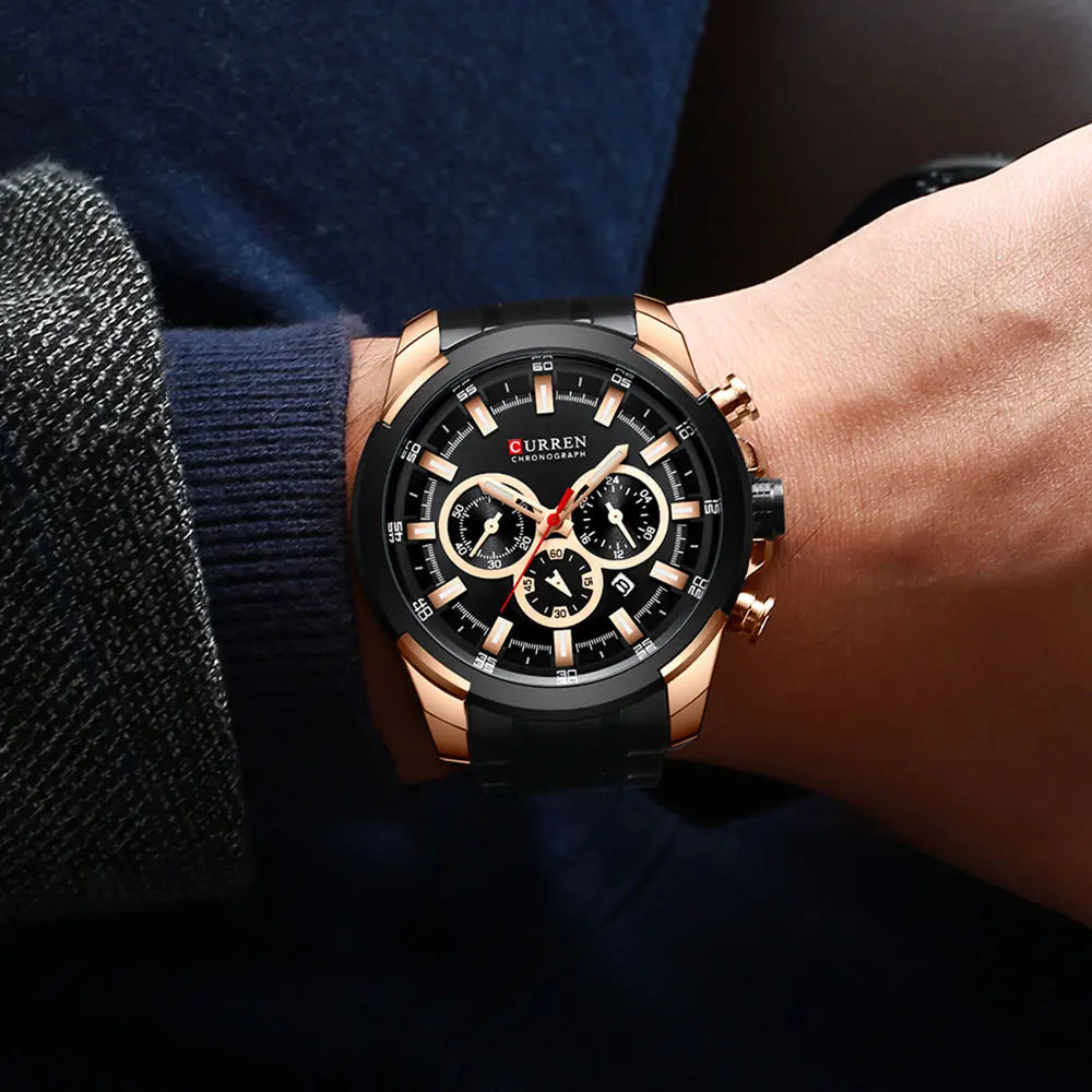 CURREN kronografklocka för män, stor urtavla på 48 mm, armband i rostfritt stål, tre hjälputavlor, sportklocka med kvartsverk, lyxig stil