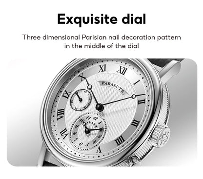 FARASUTE Retro Luxury Alarm Clock Quartz Watch Men Waterproof Night Light Wristwatch Casual Sapphire Stainless Steel Male Watch