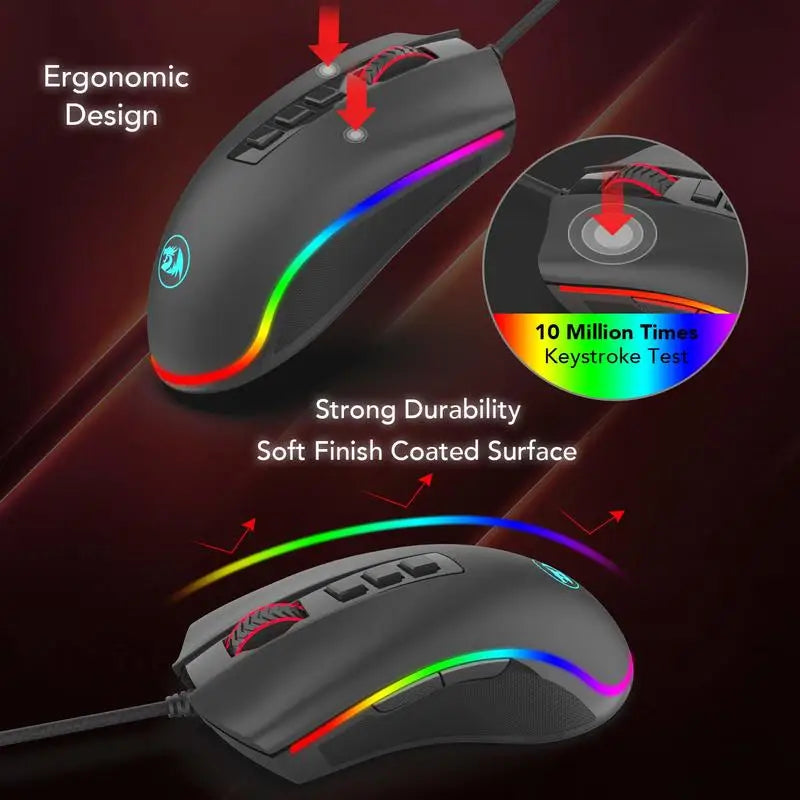 Mouse da gaming per PC Redragon M711 cablato, 7 pulsanti programmabili, RGB personalizzabile, 10,000 DPI, ergonomico