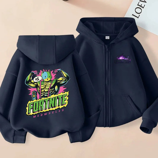 Nuova felpa con cappuccio autunnale per bambini Fortnite, giacca con zip e stampa personaggio cartoon del gioco, cappotto invernale per ragazzi