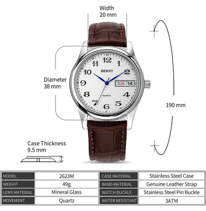 BERNY Men's Watch Quartz Day Top Calendar Wristwatch Waterproof Blued Steel Hands Arabic Numerals Easy Read Relogio Masculino