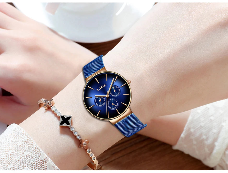 Relógio feminino LIGE, elegante e moderno – Estilo desportivo e descontraído, bracelete em malha, movimento de quartzo, indicação da data e do dia, resistente à água.
