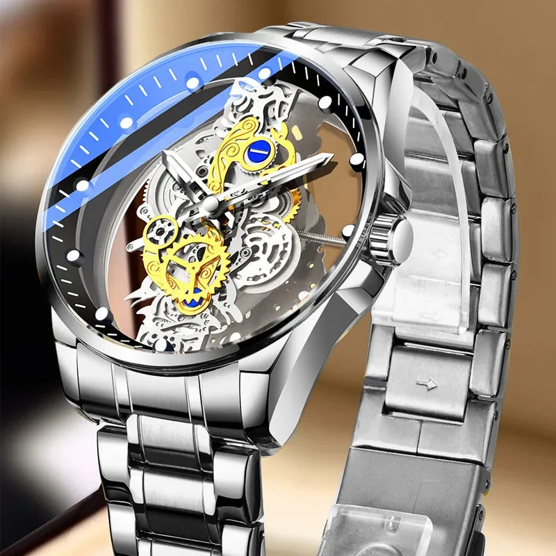 Madingi vyriški laikrodžiai, modelis su dvigubu atidarymu, prabangus auksinis stilius, mechaninio turbiliono imitacija, kvarcinis mechanizmas.