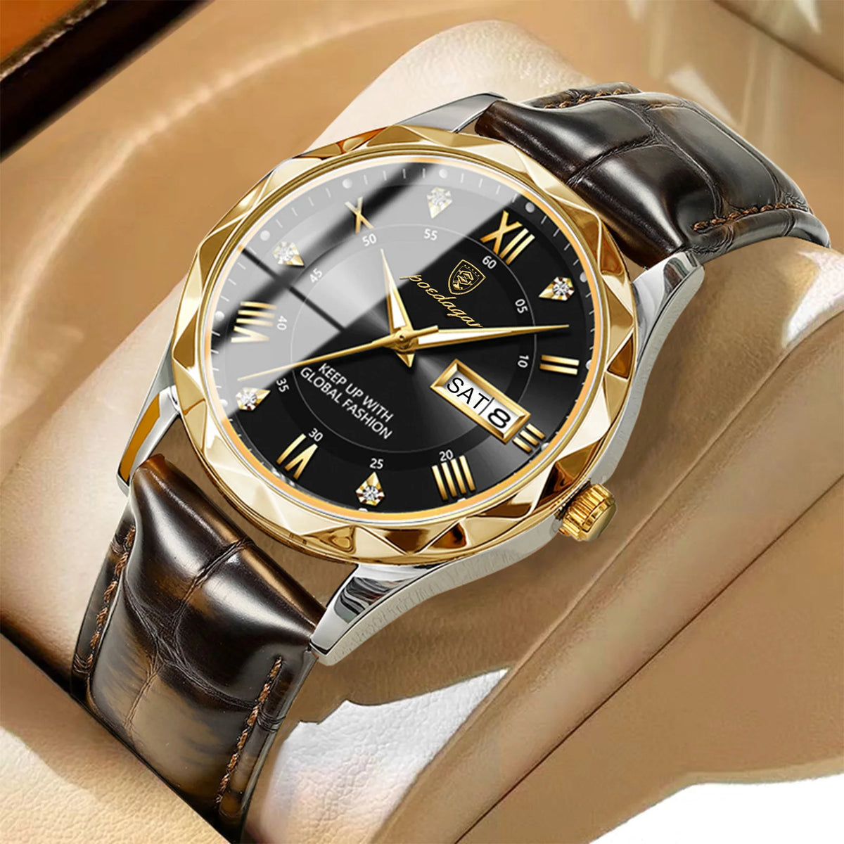 POEDAGAR herenhorloge, origineel luxemodel: waterdicht, lichtgevend, met datum- en dagweergave. Quartzhorloge in klassieke en professionele stijl, voorzien van een leren band.