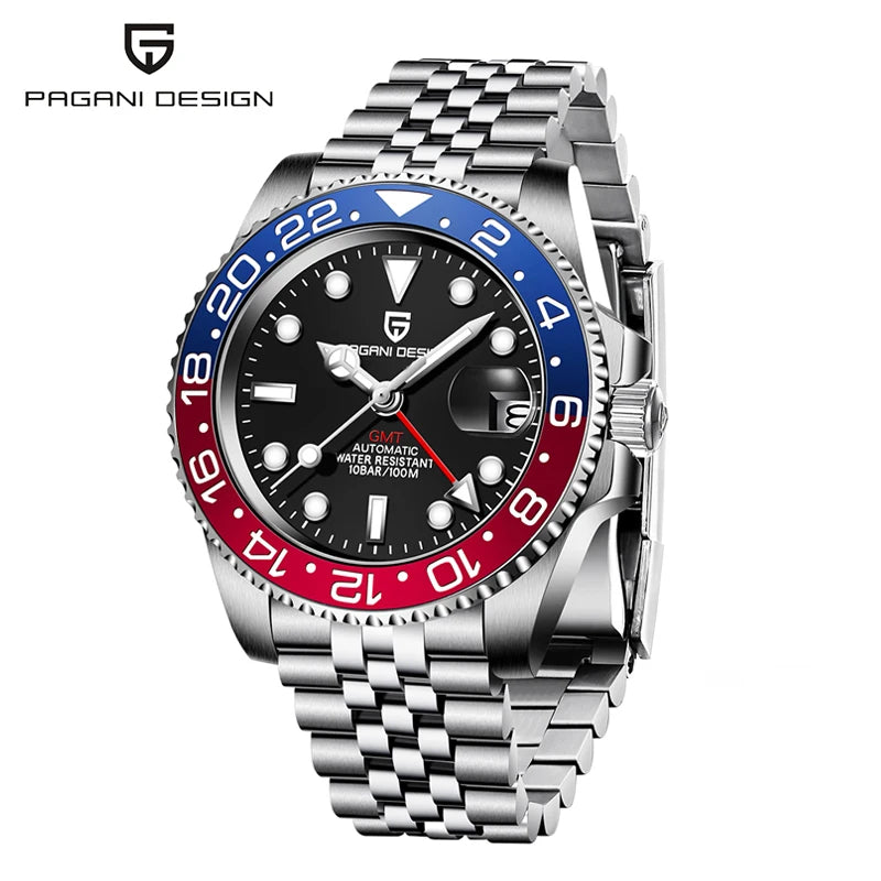 PAGANI DESIGN 40MM GMT Reloj para hombre de lujo con cristal de zafiro AR, reloj mecánico con bisel cerámico, automático, resistente al agua 100M, reloj de regalo