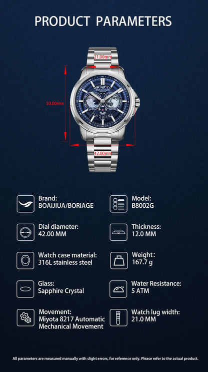 BORIAGE (BOAIJIUA) Automatic Mechanical Watch Creative Starry Sky Watch Water Resistant Mechanical Watches Birthday Gift for Men