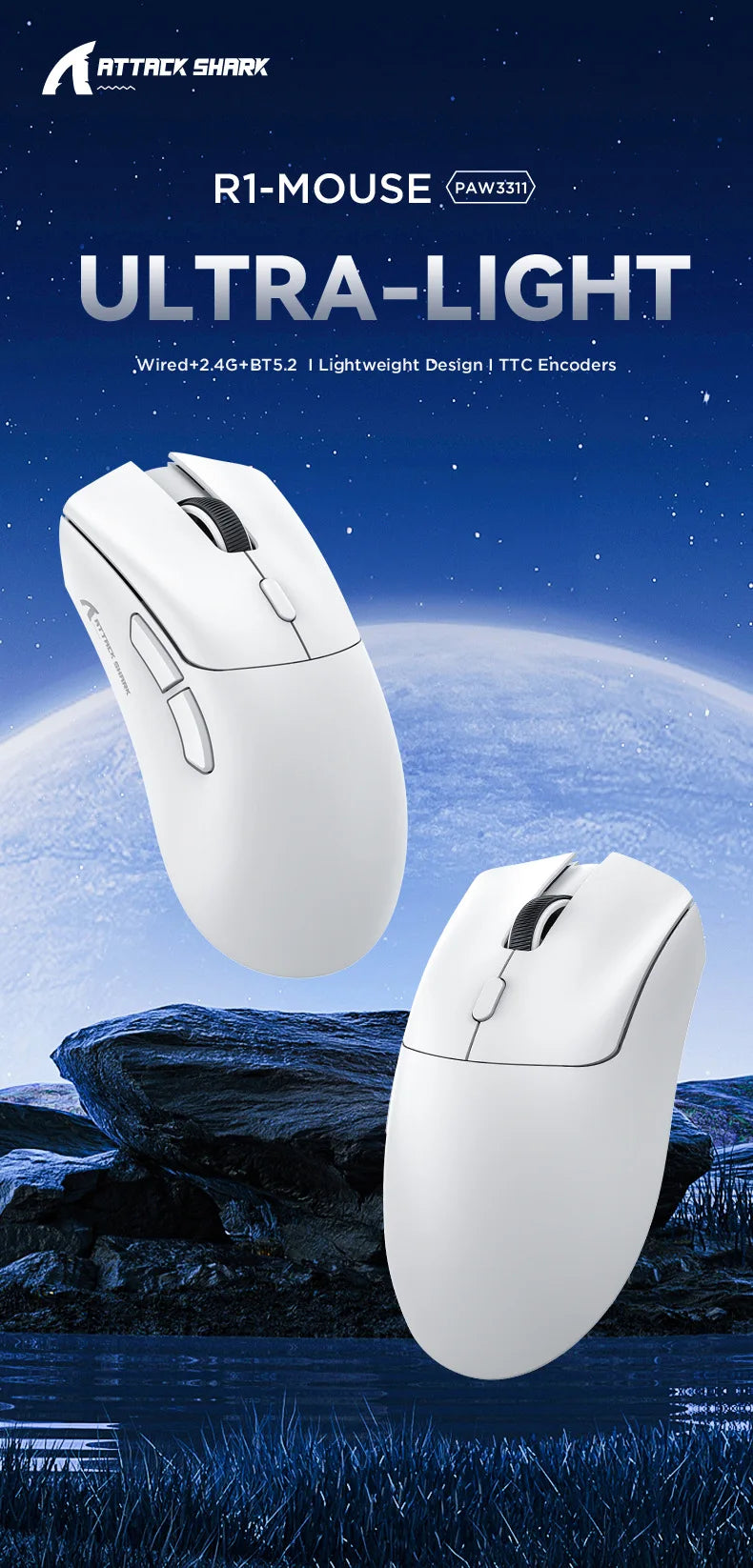 Attack Shark R1 Lightweight Bluetooth 2.4G Wireless Gaming Mouse PAW3311 18000DPI Ergonomic Macro Mice