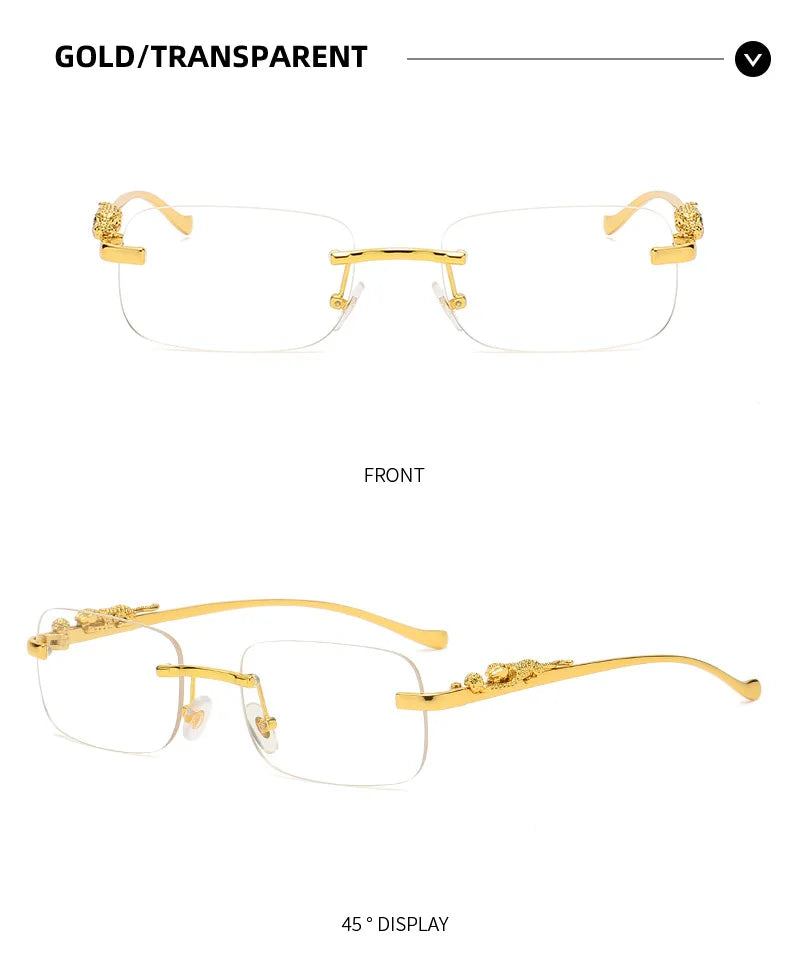 New Rimless Rectangle Vintage Metal Leopard Head Sunglasses Fashion Frameless Tinted Glasses Shades for Women Men