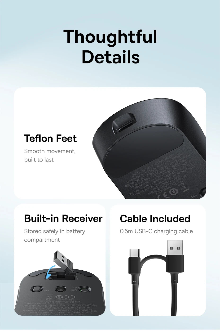 【NAUJIENA】Baseus EM2 ergonominė belaidė pelė, Bluetooth 5.3, 2.4G, Type-C įkrovimas, itin lengva tyli pelė su pritaikomu mygtuku
