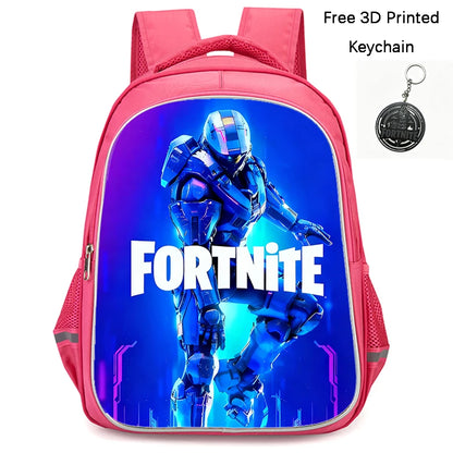 FORTNITE 16-inch Durable Lightweight Backpack, Dual Zipper Pockets, Cartoon Style for Boys & Girls 6-10,Free 3D Printed Keychain
