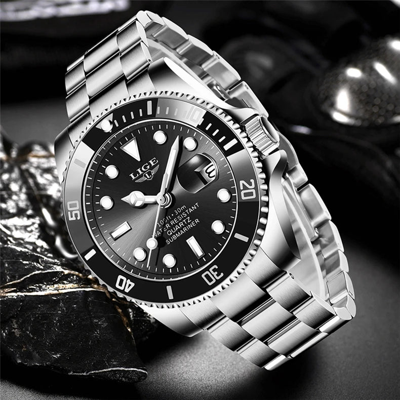 Reloj de buceo de lujo para hombre, de la marca LIGE, resistente al agua hasta 3 ATM, con indicador de fecha, reloj deportivo de cuarzo