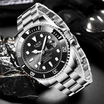 Reloj de buceo de lujo para hombre, de la marca LIGE, resistente al agua hasta 3 ATM, con indicador de fecha, reloj deportivo de cuarzo