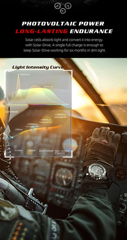 NORTH EDGE Men's Watches Solar Power 316 Stainless Steel Case Quartz Watch for Men Pilot Waterproof 50M Stopwatch