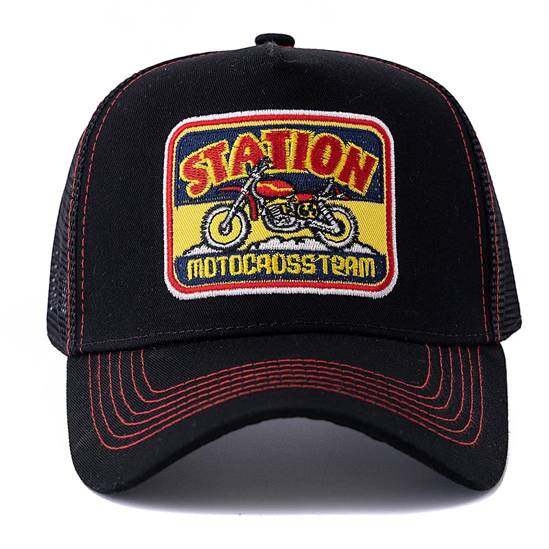 Unisex-mesh-trucker-kasket med klassisk motorcykelmønster, åndbar sommer-baseballkasket, streetwear-kasket til mænd og kvinder