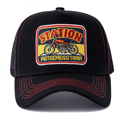 Unisex hálós trucker sapka, klasszikus motoros mintával, lélegző nyári baseball sapka, utcai divat sapka férfiaknak és nőknek