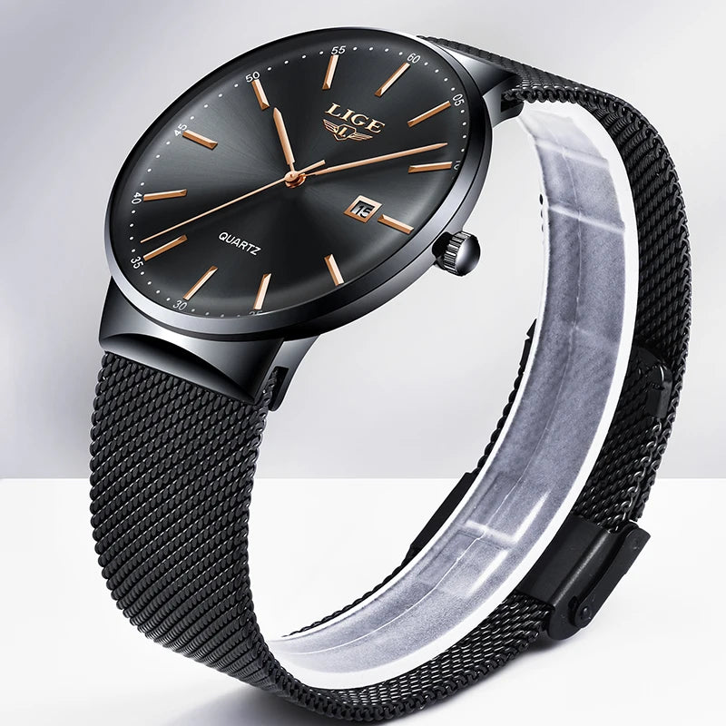 LIGE men’s watch, an elegant and luxurious model, ultra-thin, water-resistant, with a mesh strap, quartz movement, date and calendar display – ideal for a professional look.