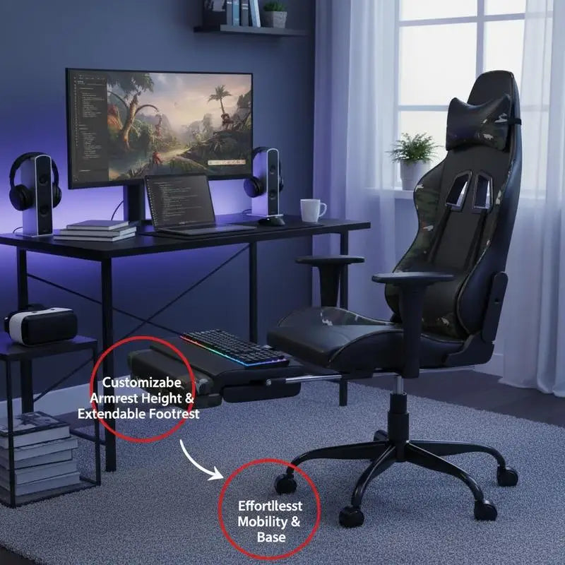 Gaming Chair with Footrest Reclining Ergonomic Racing Chair, 360° Swivel Gaming Chair with Adjustable Height, PU Leather Computer Gaming Chair for Office & Home