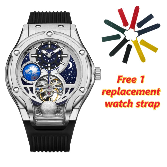 ase Autoy HANBORO Men’s Luxury Automatic Skeleton Watch  Rose Gold Starry Sky Moon Phase Mechanical WristwatchHollow Flywheel Moon Phxury Space Theme Sports Watch 980