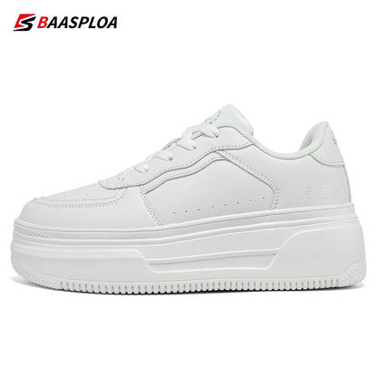 Baasploa Women’s Platform Sneakers Fashion Leather Casual Thick-Soled Shoes for Women Comfort White Skateboarding Shoes Non-Slip