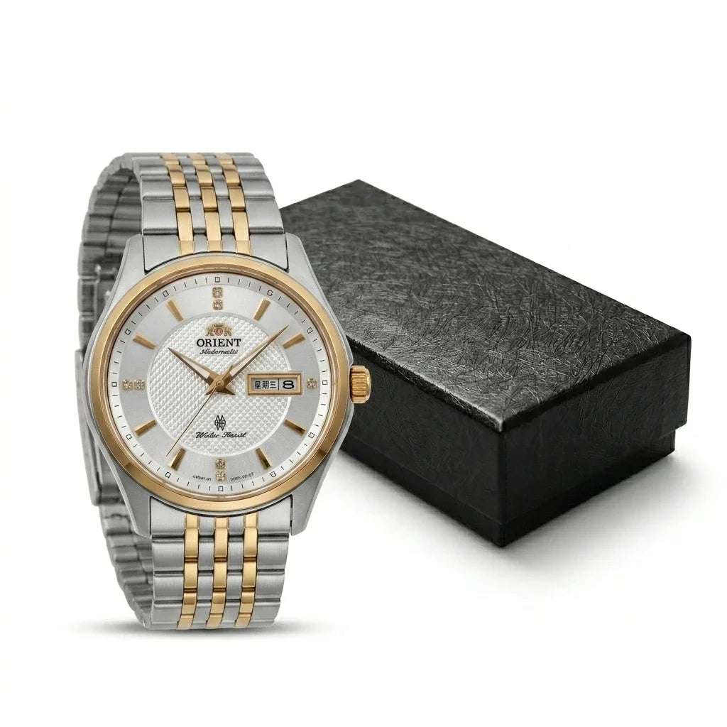Relógio mecânico automático para homem da Orient, com calendário duplo (data e dia da semana), índices em cristal e bracelete em aço inoxidável – Relógio de pulso de estilo profissional