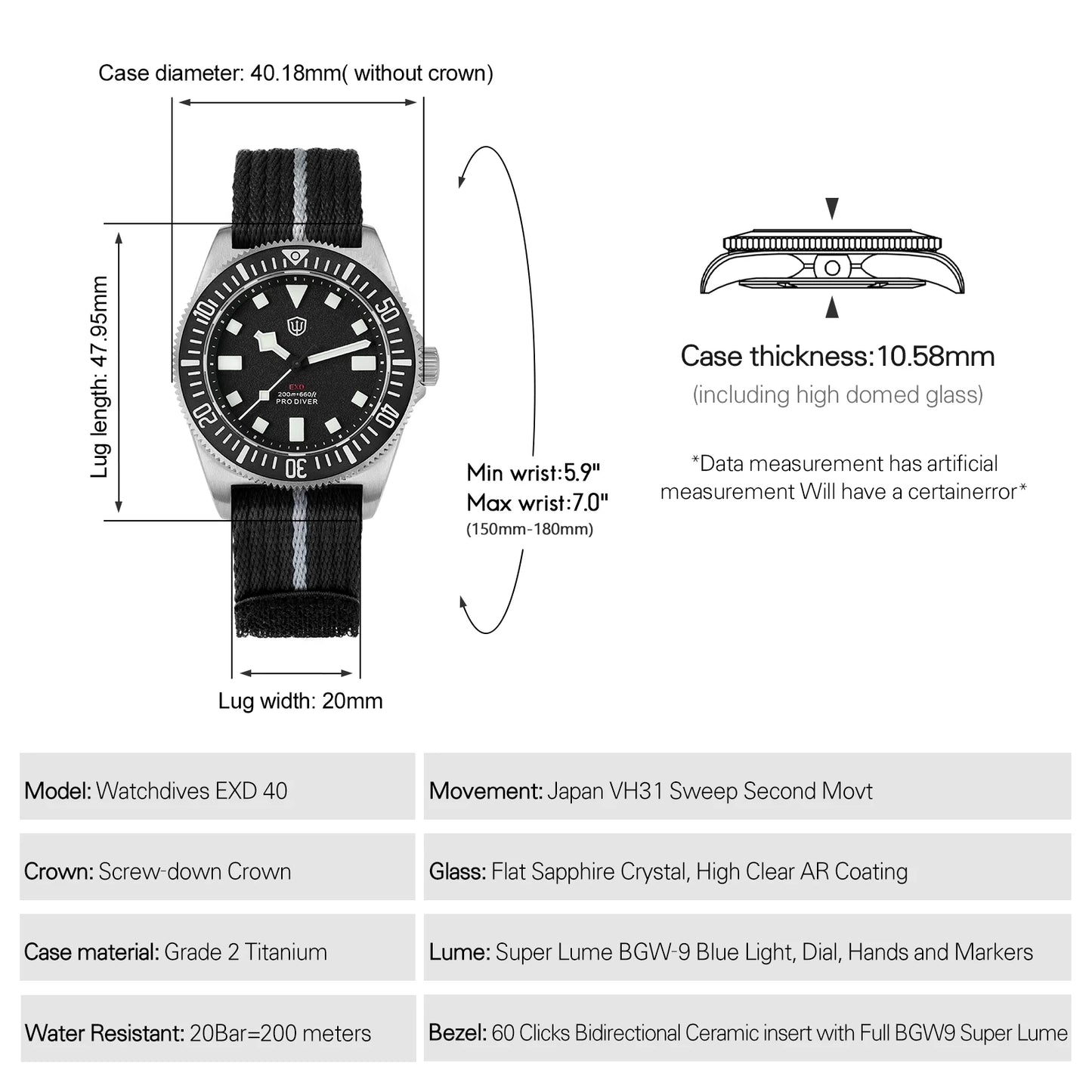 Watchdives EXD 40Mm Titanium Dive Watch Men's VH31 Sweep Quartz Watches 200 Waterproof AR Sapphire BGW9 Luminous 316L Wristwatch