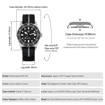 Watchdives EXD 40Mm Titanium Dive Watch Men's VH31 Sweep Quartz Watches 200 Waterproof AR Sapphire BGW9 Luminous 316L Wristwatch