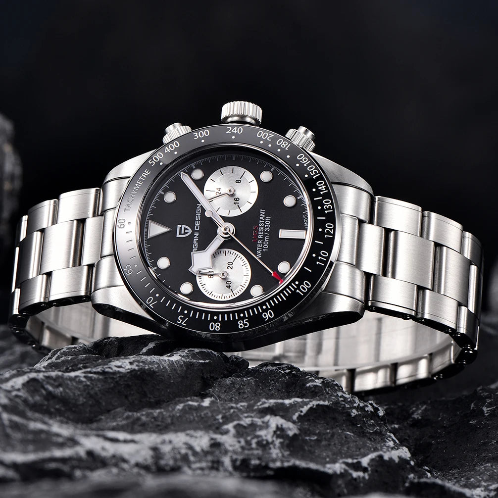 Vyriškas laikrodis „PAGANI DESIGN“ „Panda“ – prabangus kvarcinis chronografas, atsparus vandeniui, safyro stiklas su antirefleksine danga, šviečiantis sportinis laikrodis