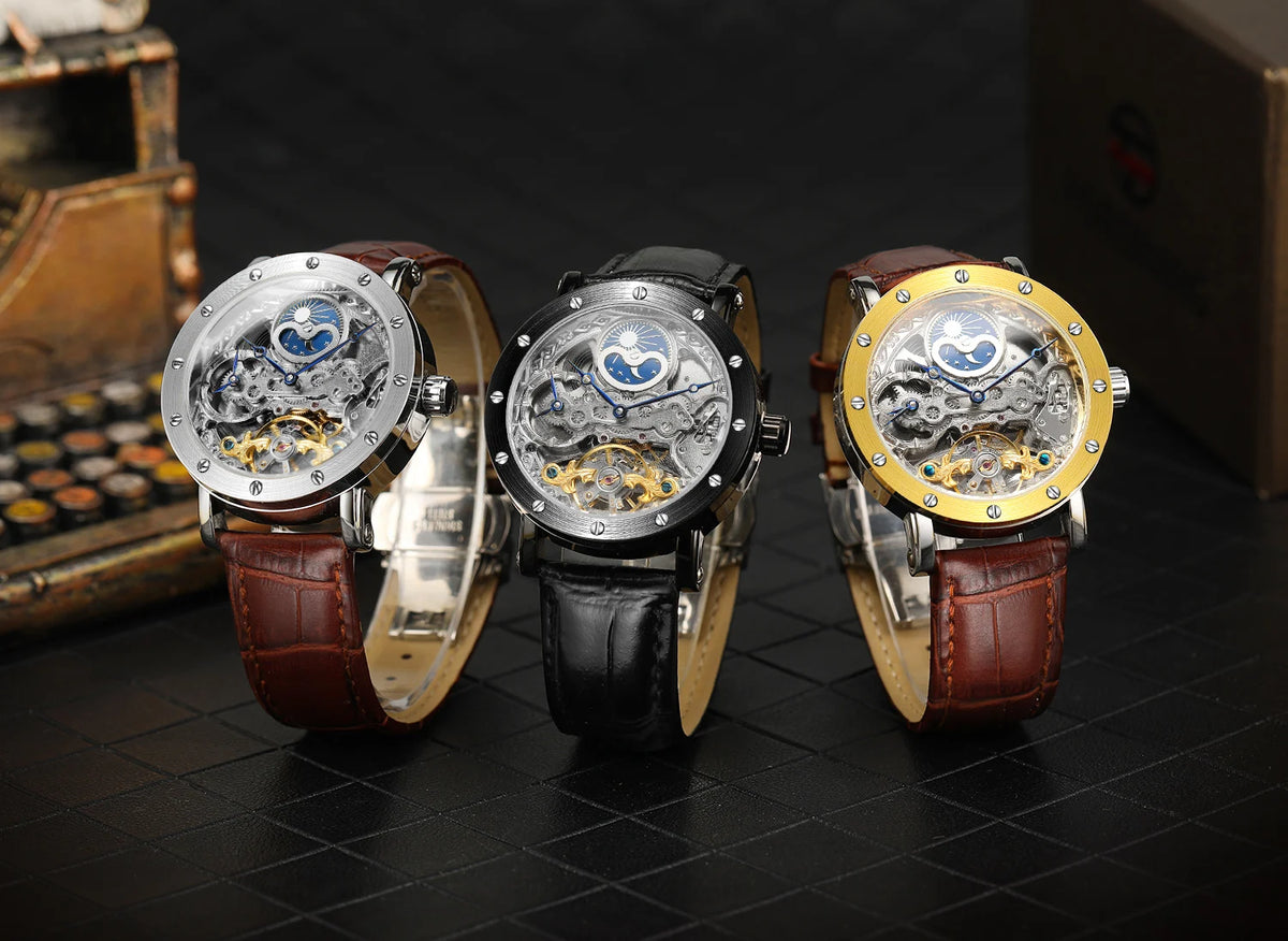 SKROX mekanisk automatisk armbåndsur til mænd, skeletmodel med GMT-funktion, månefase og tourbillon – Elegant og originalt luksusur i topklasse.