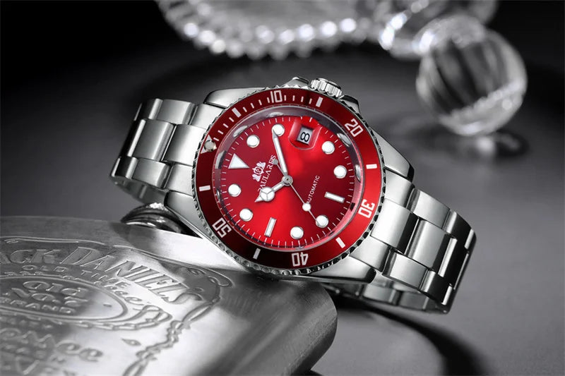 High Quality Automatic Mechanical Watch for Men Stainless Steel Red Dial Date Strong Luminous Luxury Men Watch Reloj Hombre