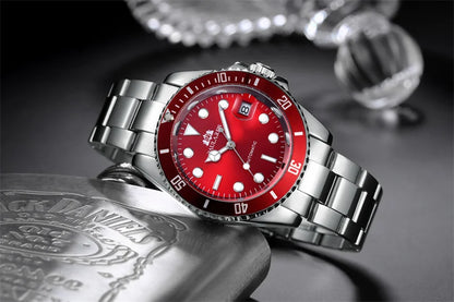 High Quality Automatic Mechanical Watch for Men Stainless Steel Red Dial Date Strong Luminous Luxury Men Watch Reloj Hombre